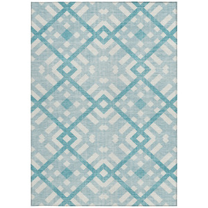 3' X 5' Teal Blue Aqua And Ivory Geometric Washable Indoor Outdoor Area Rug