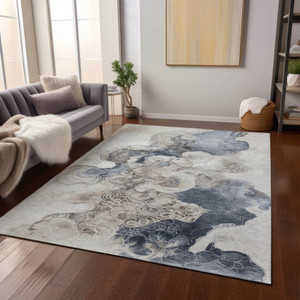 3' X 5' Ivory And Taupe Abstract Washable Indoor Outdoor Area Rug