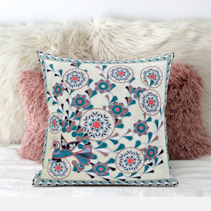 26" x 26" Off White Peacock Blown Seam Floral Indoor Outdoor Throw Pillow - 606114752844