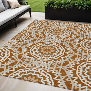 5' X 8' Orange Copper And Beige Floral Medallion Washable Indoor Outdoor Area Rug