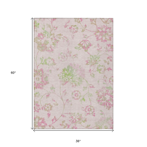 3' X 5' Pink Blush And Artichoke Green Floral Washable Indoor Outdoor Area Rug