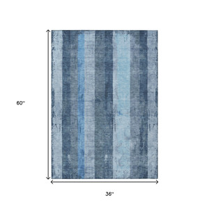 3' X 5' Blue And Gray Striped Washable Indoor Outdoor Area Rug - Blue, Gray