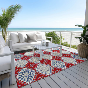 3' X 5' Red And Navy Blue Floral Washable Indoor Outdoor Area Rug