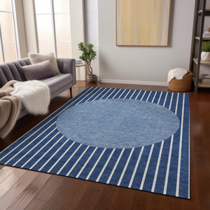 3' X 5' Navy Blue And Gray Striped Washable Indoor Outdoor Area Rug - 608219186142