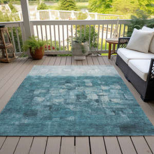 3' X 5' Teal Blue And Silver Abstract Washable Indoor Outdoor Area Rug - Teal Blue, Silver