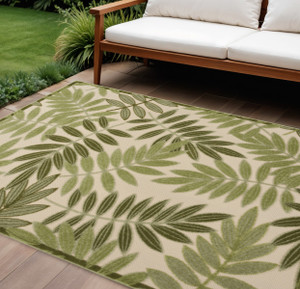8' X 11' Ivory And Green Palm Leaf Indoor Outdoor Area Rug