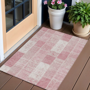 3' X 5' Pink Blush And Ivory Patchwork Washable Indoor Outdoor Area Rug