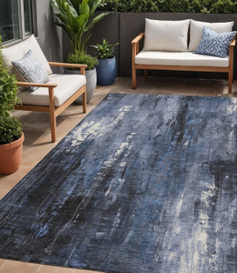 5' X 8' Blue And Ivory Abstract Washable Indoor Outdoor Area Rug - Blue, Ivory