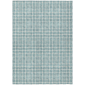5' X 8' Teal Blue And Ivory Geometric Washable Indoor Outdoor Area Rug - Teal Blue, Ivory