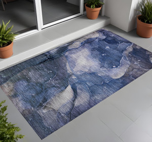 2' X 3' Blue Abstract Washable Non Skid Indoor Outdoor Area Rug - Blue