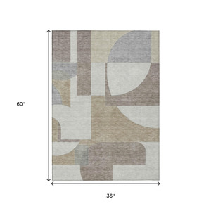 3' X 5' Khaki And Silver Geometric Washable Indoor Outdoor Area Rug