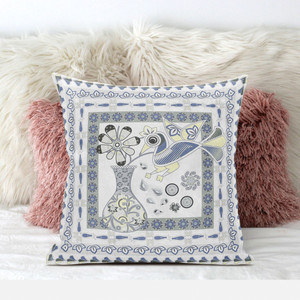 18" X 18" Gray and White Peacock Blown Seam Floral Indoor Outdoor Throw Pillow Polyester and Cotton Blend