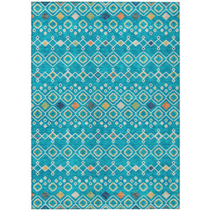5' X 8' Teal Blue Ivory And Gold Geometric Washable Indoor Outdoor Area Rug - Teal Blue, Ivory, Gold