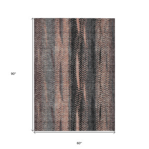 5' X 8' Blue Charcoal And Copper Botanical Leaves Washable Indoor Outdoor Area Rug