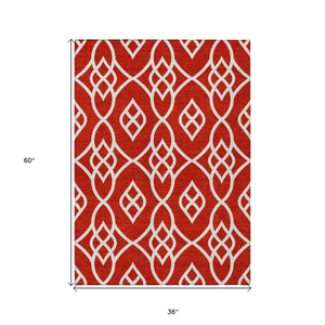 3' X 5' Red And Ivory Trellis Washable Indoor Outdoor Area Rug