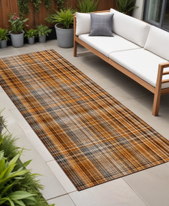 2' X 8' Orange Brown and Gray Plaid Washable Non Skid Indoor Outdoor Area Rug