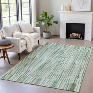 3' X 5' Artichoke Green And Teal Blue Striped Washable Indoor Outdoor Area Rug