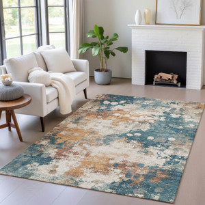 3' X 5' Teal Blue And Copper Abstract Washable Indoor Outdoor Area Rug - 880016582451