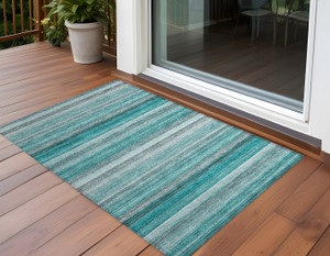 3' X 5' Teal Striped Washable Non Skid Indoor Outdoor Area Rug