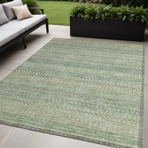 5' X 8' Artichoke Green Striped Washable Non Skid Indoor Outdoor Area Rug
