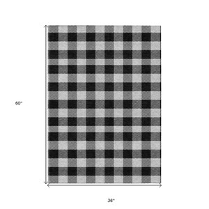 3' X 5' Black Gray And Ivory Plaid Washable Indoor Outdoor Area Rug