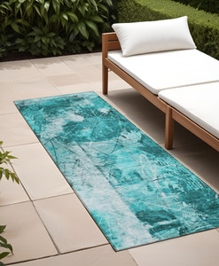 8' Runner Teal Floral Washable Non Skid Indoor Outdoor Runner Rug - Teal Blue