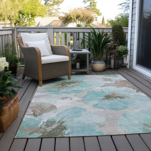 5' X 8' Teal Blue And Aqua Floral Washable Indoor Outdoor Area Rug - 880024548388