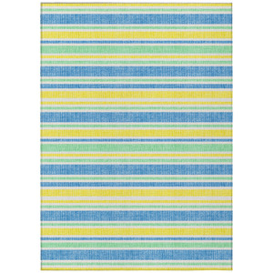 3' X 5' Blue Yellow and Green Striped Washable Non Skid Indoor Outdoor Area Rug