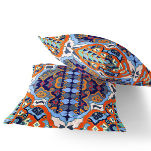 Set of Two 16" X 16" Blue and Orange Blown Seam Floral Indoor Outdoor Throw Pillow - 606114822165
