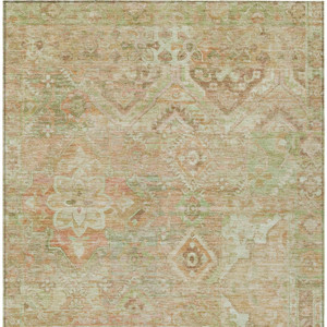 5' X 8' Salmon Fern Green And Beige Floral Medallion Washable Indoor Outdoor Area Rug