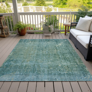 5' X 8' Teal Blue And Ivory Abstract Washable Indoor Outdoor Area Rug - 880016685305