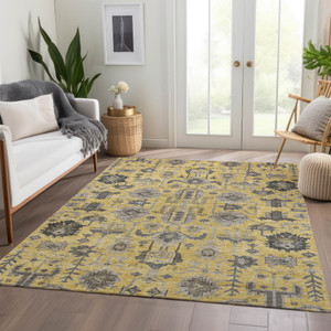 3' X 5' Yellow Gray And Charcoal Oriental Washable Indoor Outdoor Area Rug
