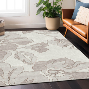 3' X 5' Ivory Beige And Taupe Floral Washable Indoor Outdoor Area Rug - Ivory, Beige, Taupe