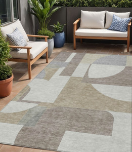 5' X 8' Khaki And Silver Geometric Washable Indoor Outdoor Area Rug