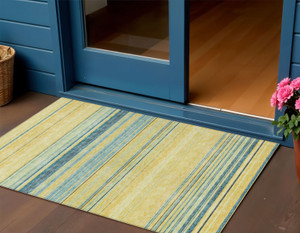 3' X 5' Yellow Denim Blue And Sky Blue Striped Washable Indoor Outdoor Area Rug