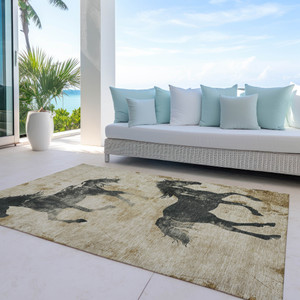 5' X 8' Beige And Charcoal Horse Washable Indoor Outdoor Area Rug