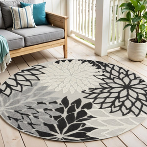 4' Black And White Round Floral Indoor Outdoor Area Rug