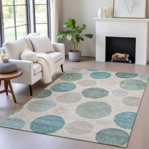 3' X 5' Teal Blue Ivory And Pale Aqua Geometric Washable Indoor Outdoor Area Rug