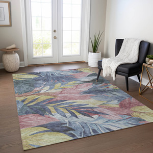 3' X 5' Denim Blue And Blush Floral Washable Indoor Outdoor Area Rug