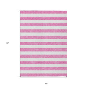 3' X 5' Pink and White Striped Washable Non Skid Indoor Outdoor Area Rug