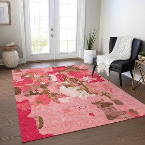 3' X 5' Coral Pink And Brown Abstract Washable Indoor Outdoor Area Rug