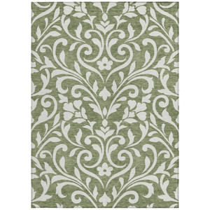 5' X 8' Fern Green And Ivory Floral Washable Indoor Outdoor Area Rug