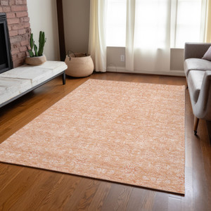 3' X 5' Peach And Ivory Floral Washable Indoor Outdoor Area Rug