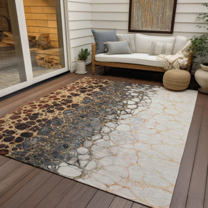 3' X 5' Ivory Gray And Gold Abstract Washable Indoor Outdoor Area Rug