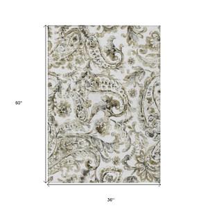 3' X 5' Brown Ivory And Tan Paisley Washable Indoor Outdoor Area Rug