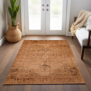 5' X 8' Copper Orange And Brown Oriental Washable Indoor Outdoor Area Rug