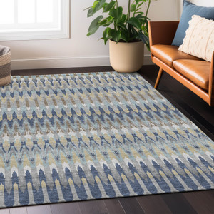 3' X 5' Taupe Navy Blue And Denim Blue Southwestern Washable Indoor Outdoor Area Rug