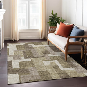 3' X 5' Brown And Beige Abstract Washable Indoor Outdoor Area Rug