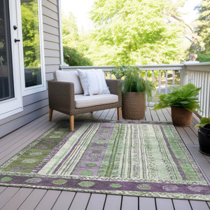 3' X 5' Purple And Green Striped Washable Indoor Outdoor Area Rug - Purple, Green