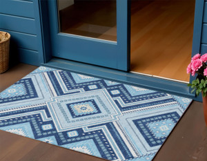 3' X 5' Navy Blue Aqua And Ivory Tribal Washable Indoor Outdoor Area Rug